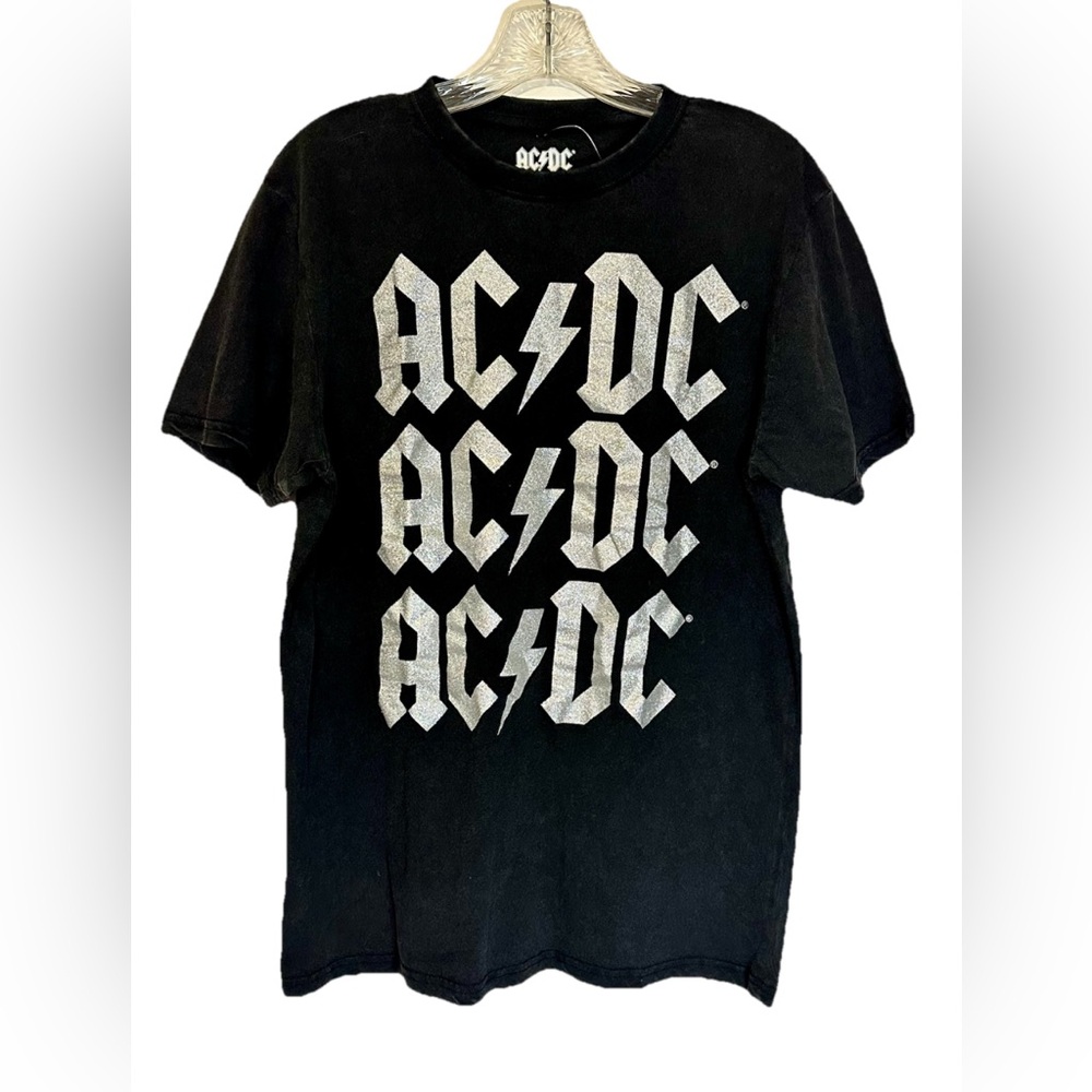 AC/DC Black Graphic Glitter T-shirt Rock Band Groupie Cotton Music Size Small